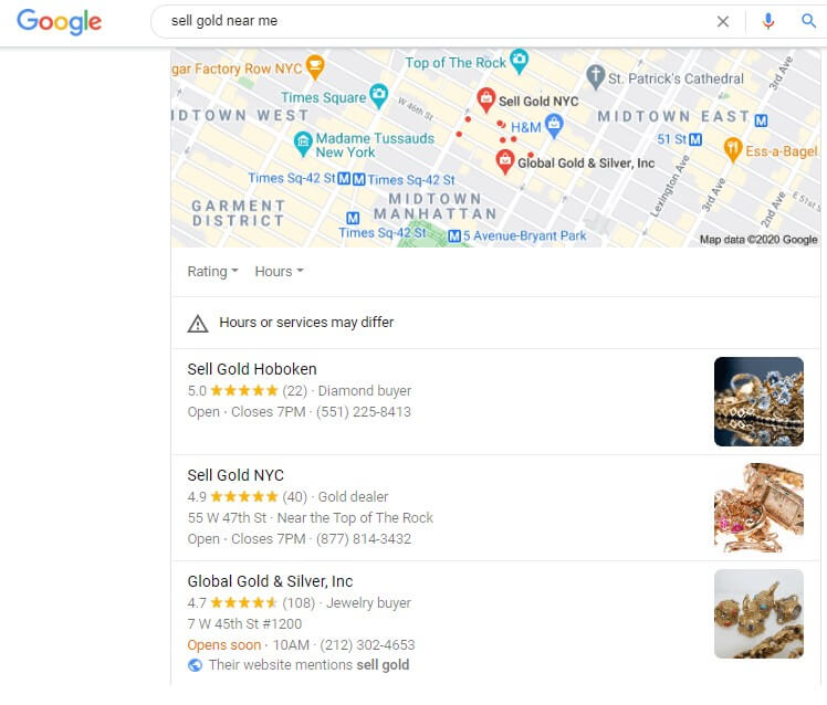 Resultados de búsqueda de Google para "vender oro cerca de mi" para Nueva York
