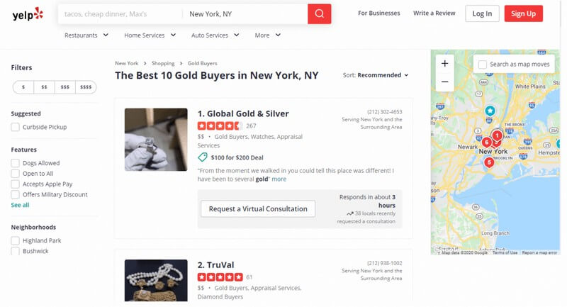 Listado de Yelp para compradores de oro en Nueva York