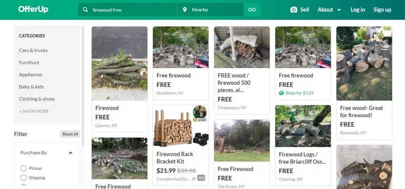 OfferUp es una buena app para encontrar leña gratis localmente
